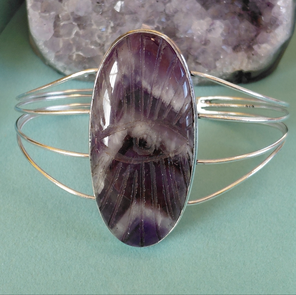 Huge Amethyst Carved Eye Silver Cuff Bracelet